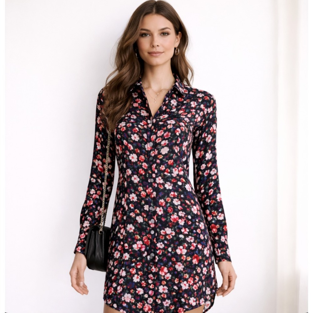 Equipment Femme Shirt Dress Womens XS Button Front Long Sleeve Floral Black